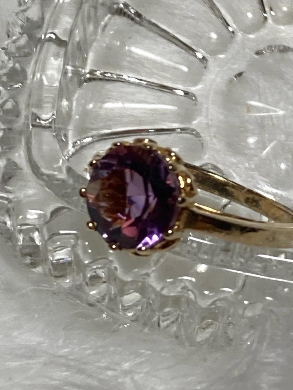 Vintage SS Gold Colored Ring with Purple Round Gemstone